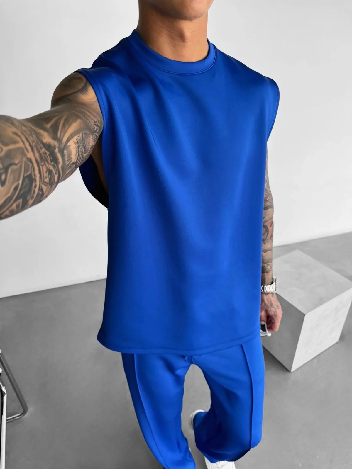 2025 Summer mens sports fashion casual pants vest set loose sleeveless T-shirt solid color set 250519