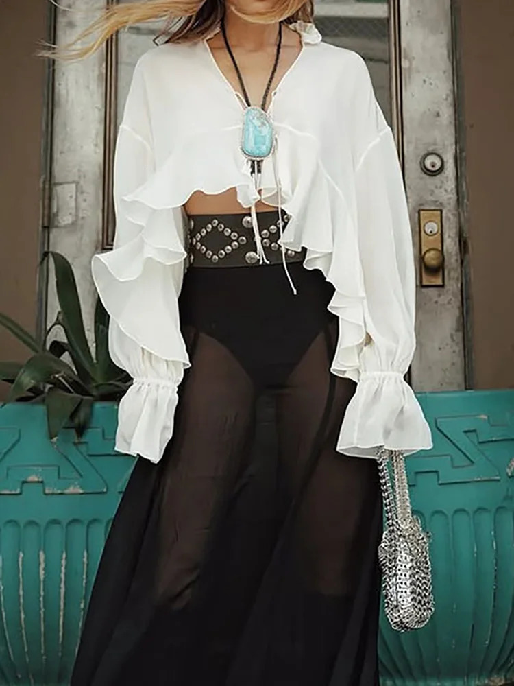 Ruffles Patchwork Fashion Chic Blouses Women Spring Summer Flare Sleeve Simple Tops V Neck Solid Ladies Cardigan Shirts 250520