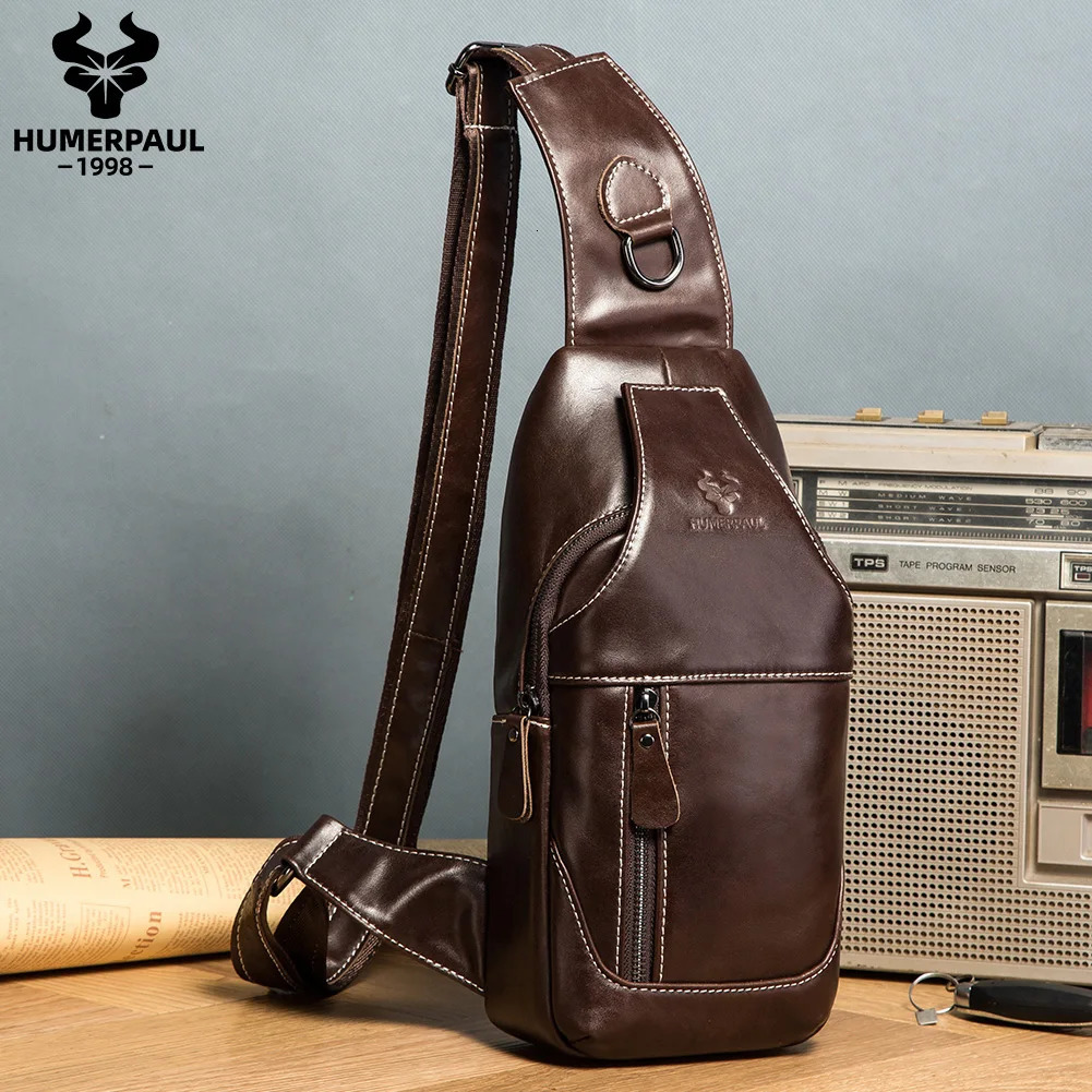 HUMERPAUL Mens Chest Bag Crossbody Pack Genuine Leather Large Capacity Casual Messenger Bag Retro Men Handbag Shoulder Bag 250519
