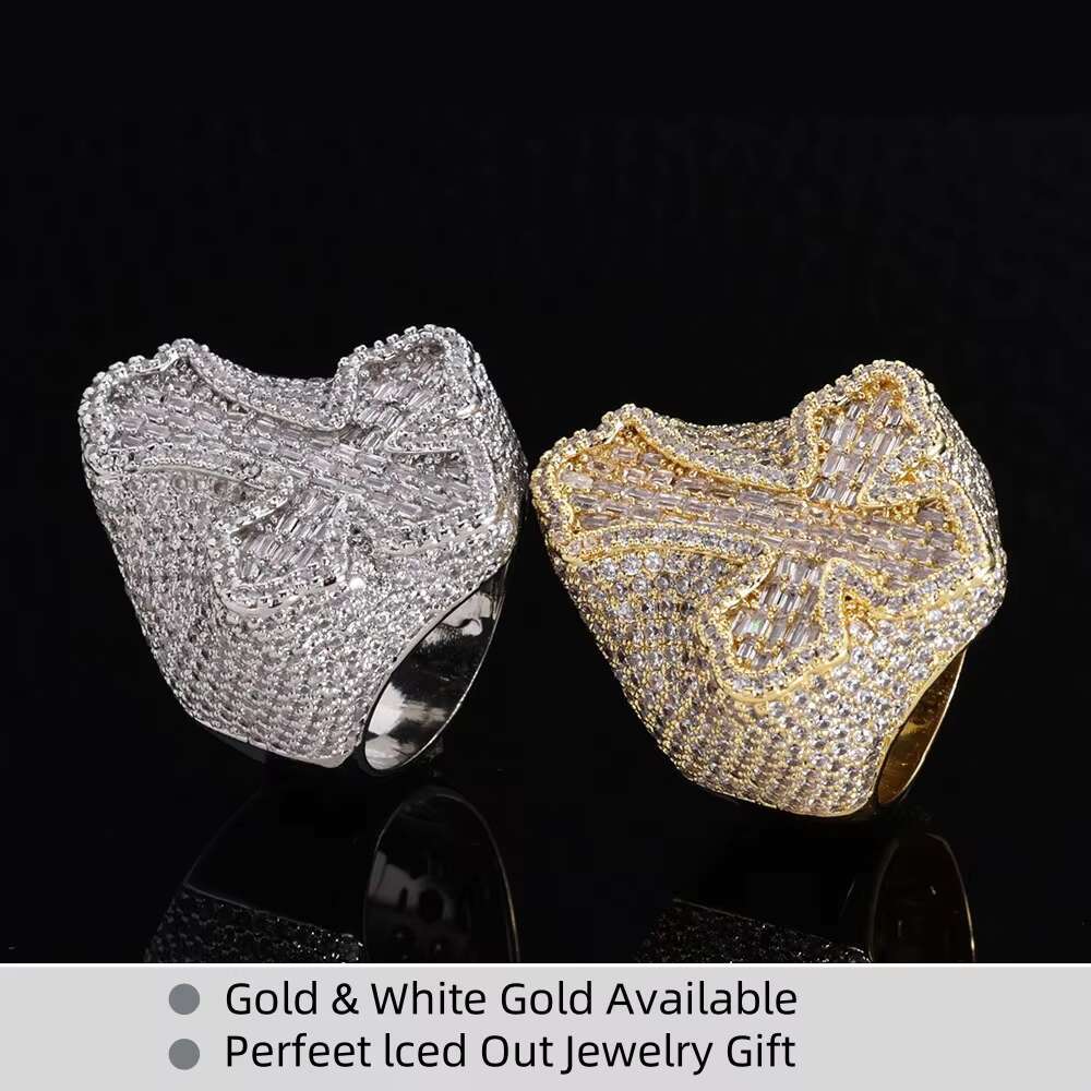 New Arrival Hip Hop Jewelry 925 Silver Gold Plated Cross Fully Iced Out Vvs baguette Moissanite Cuban Ring for Men