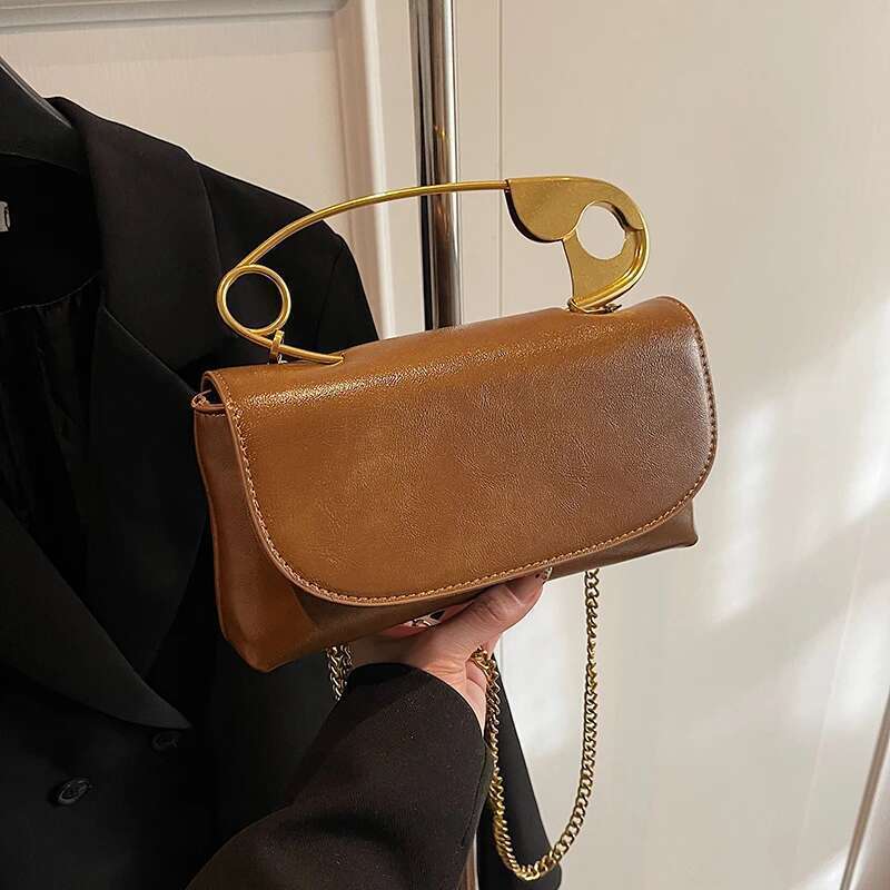 Women Creative Pin Handbag With Chain PU Leather Casual Flap Large Capacity Stylish Crossbody Work Date Bag