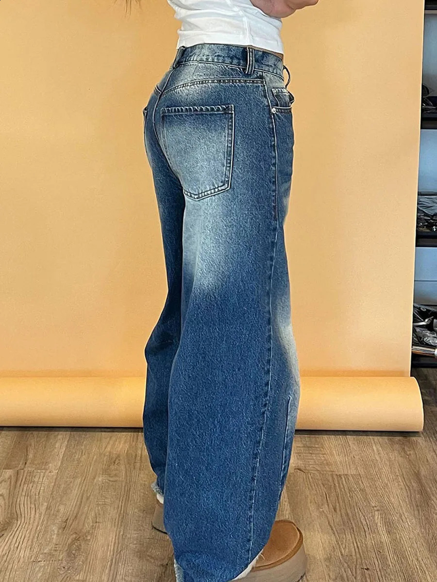 Women s Vintage High Waist Wide Leg Jeans Pants Retro Washed Blue Loose Barrel Denim Trousers for Spring 250513Z
