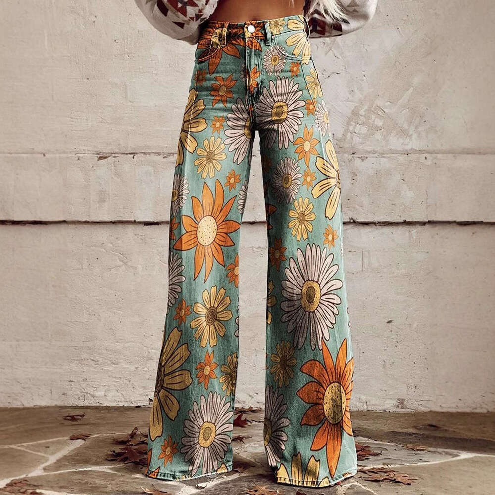 High-Waisted Printed Wide-Leg Stretch Jeans - Women's Casual Fashion Must-Have
