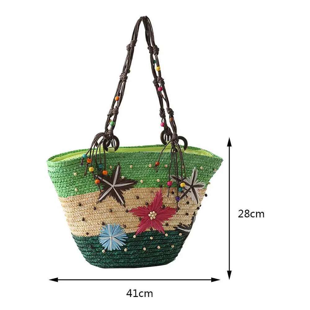 Women Summer Beach Bag Lady Large Straw Tote Colorful Hand-Embroidered Starfish Girl Hoilday Buckets Rattan Bohemian Handbag