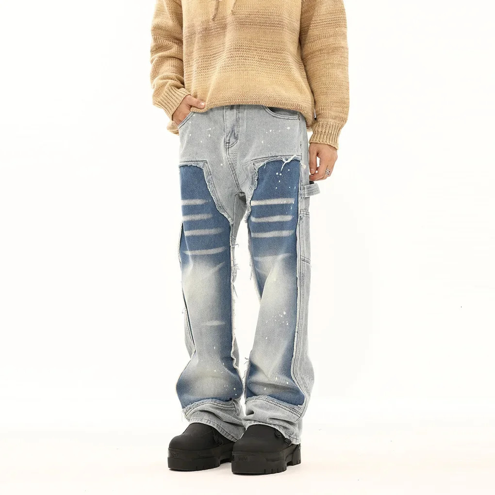 Mens Jeans Loose Fit Casual Style American Streetwear Black White Color Block Straight Leg Pants Trendy 250519