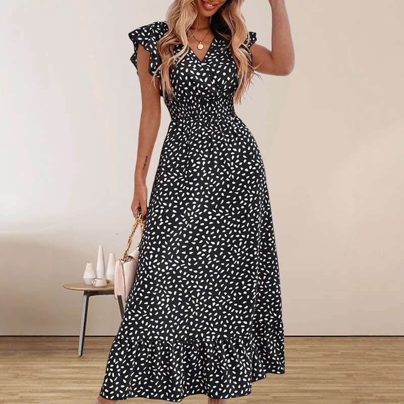Sexy Vestidos De Noche Beach Dress Floral Dress Bodycon Dresses for Women Womens 2025 Spring/summer Fashion V-neck Long Dress High Waist Short Sleeve 
