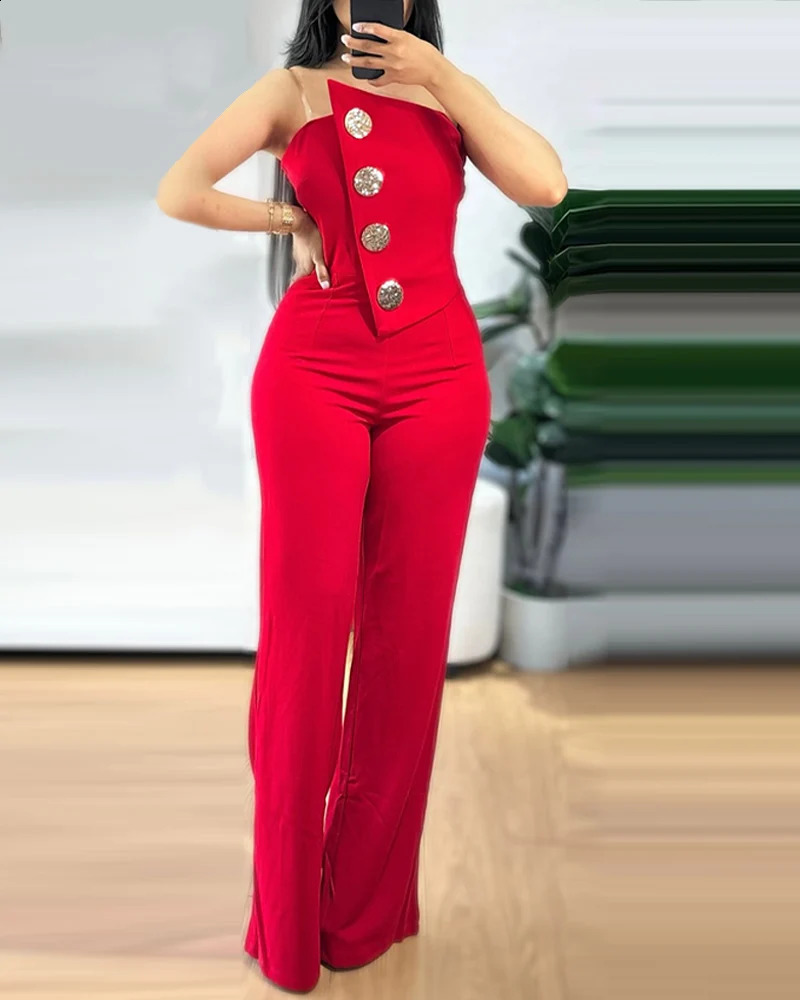 Asymmetrical Bandeau Strapless Jumpsuit Metal Button Decor Casual Overalls 250519