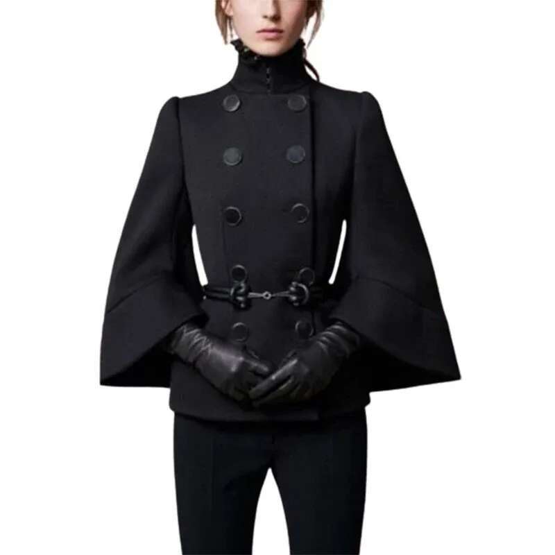 Modigirl Womens England Jackets Coatsbuttoned Black Fall Wnter Spring Long Flared Sleeves High Neck Outerwear For Ladies