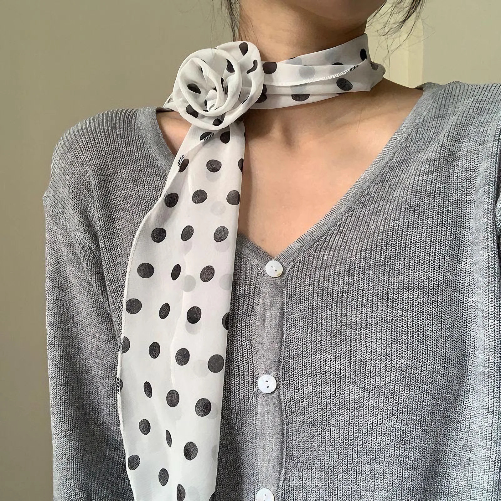Womens Silk Scarf Korean Version High Grade Silk Scarf Womens Long Polka Dot Rose Bib Ribbon Stylish Everything Girls Gifts 250517