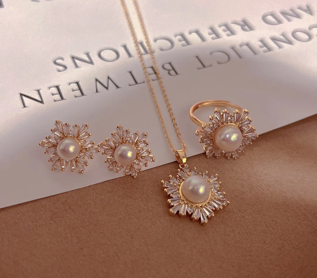 Sell Shiny CZ Zircon Flower Natural Freshwater Pearl 14k Gold Filled For Women Necklace Earrings Ring Jewelry Sets 250520