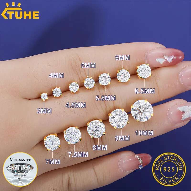 TUHE Unisex Classic Round Moissanite Earring For Women Jewelry 5MM/6MM/7/MM Silver 925 Fashion Earrings Women Gift