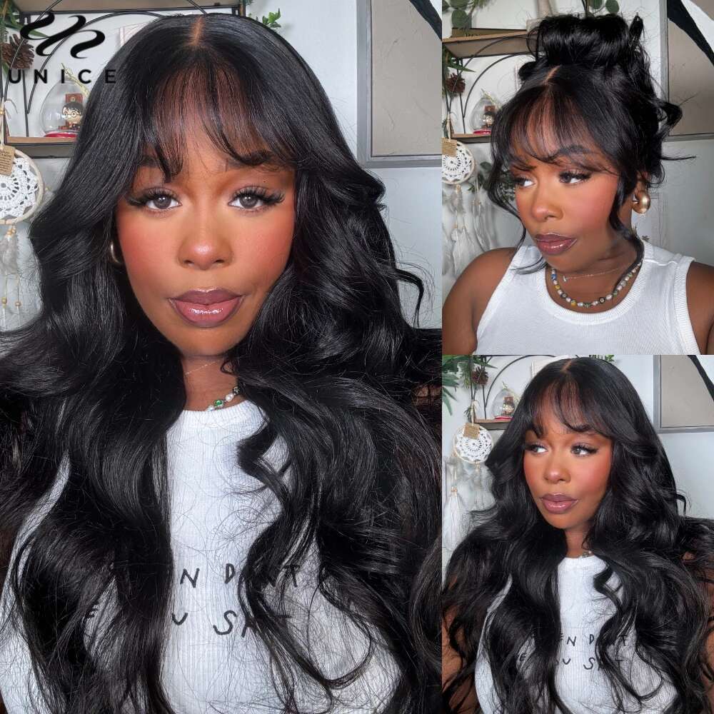 Fluffy Loose Wave Wig With Curtain Bangs 7x5 Cut Pre Bleached Glueless Wigs Human Hair Ready To Wear 180% Density