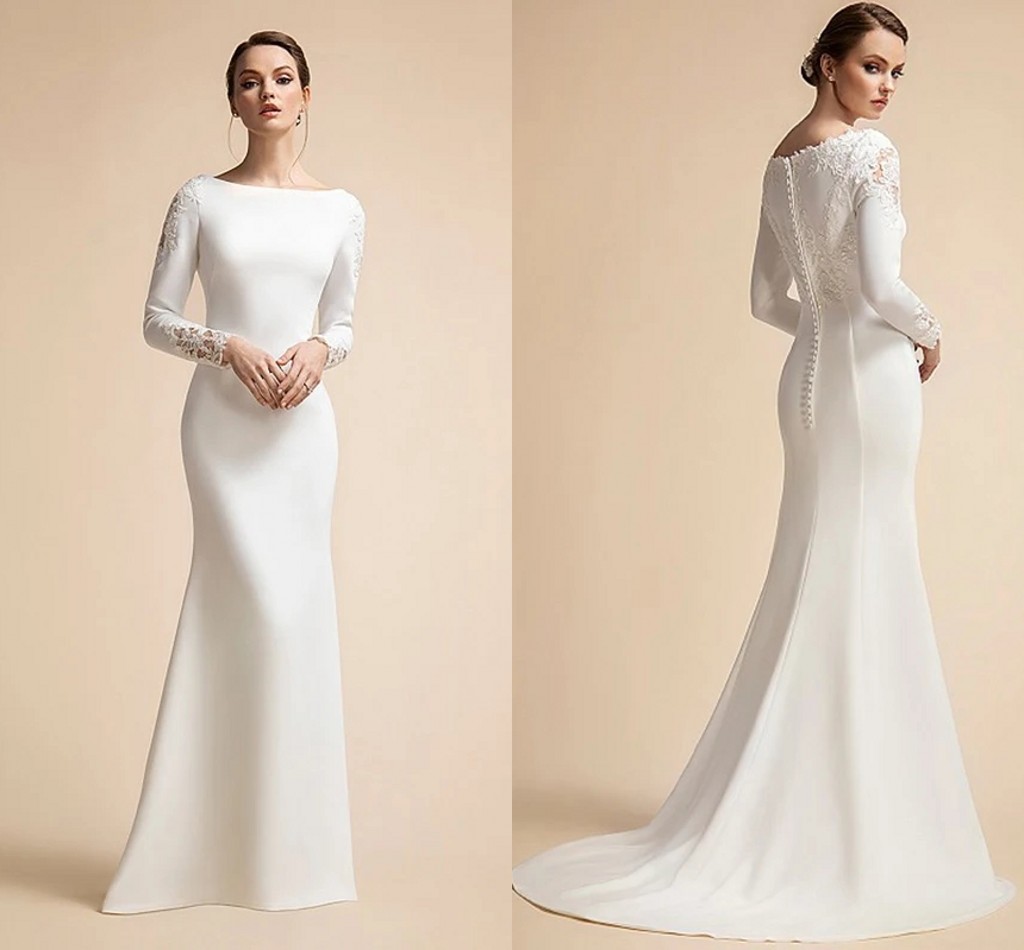 Simple Mermaid Button Wedding Dresses Long Sleeves Ivory Muslim Bridal Gowns for Bride Satin Lace Appliques