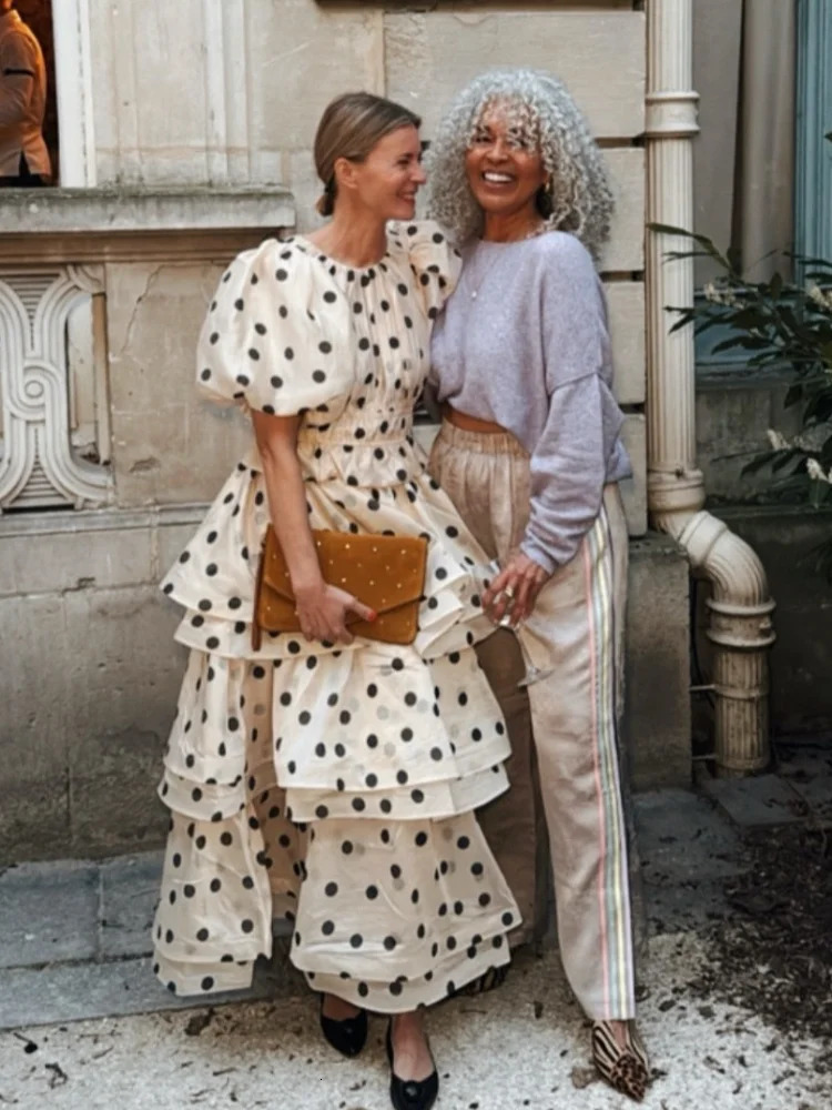 Chic Puffy Layered Ruffles Polka Dot Print Skirt Sets Women Elegant Oneck Bubble Short Sleeve Tops Suit lady Evening Partywear 250520