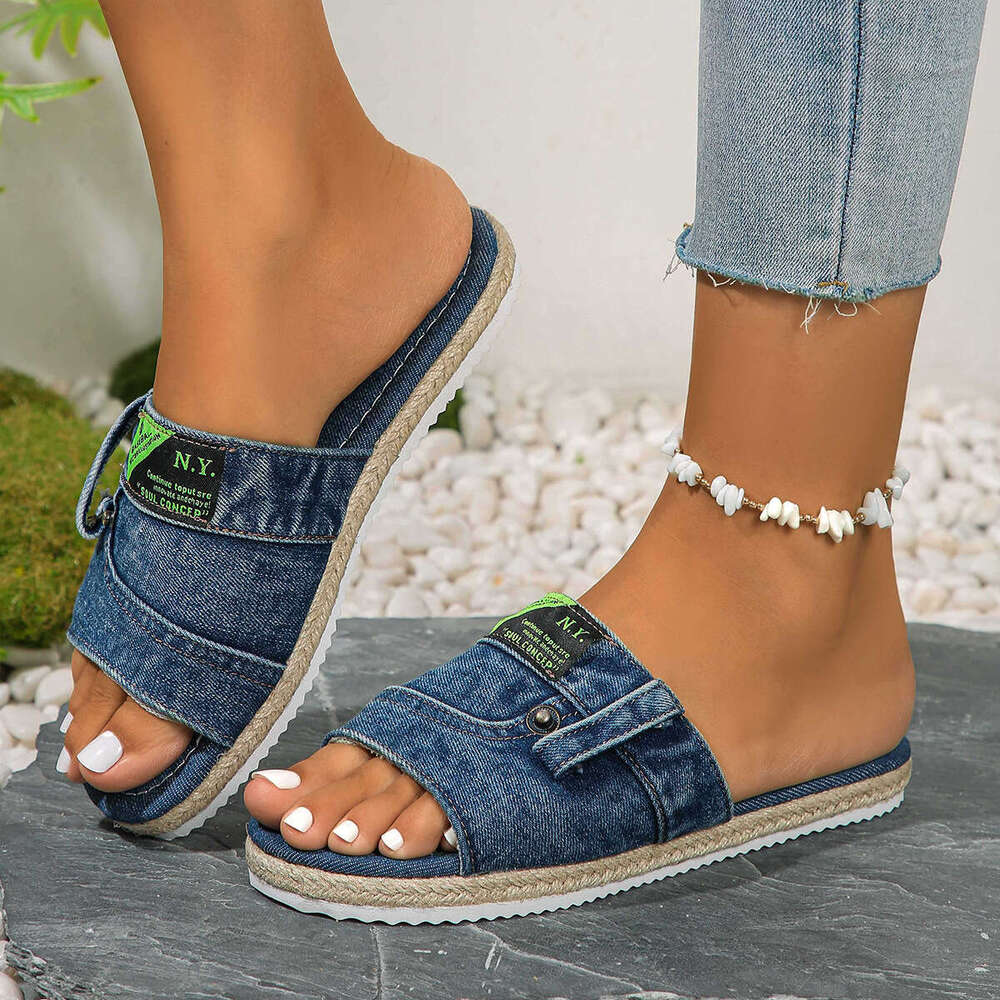 Large flat slippers, women's denim, straight drag, size 43 thick soled shoes, worn with cool slippers NEW TOP on the outside