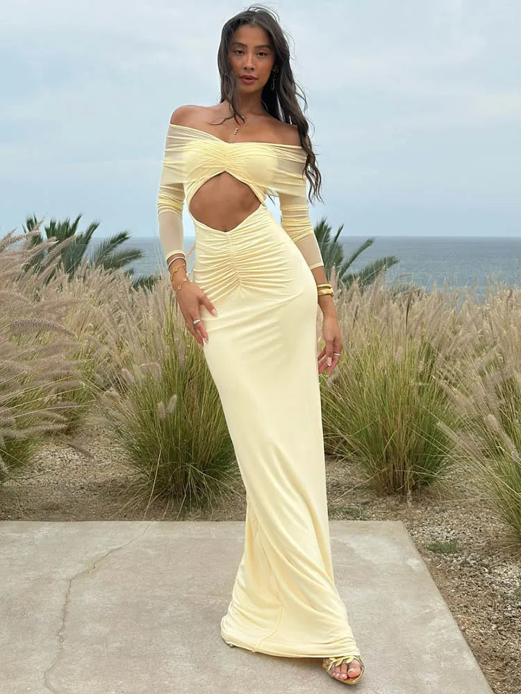 Mozision Offshoulder Hollow Out Sexy Maxi Dress Women Summer Fashion Strapless Long Sleeve Ruched Club Party 250520