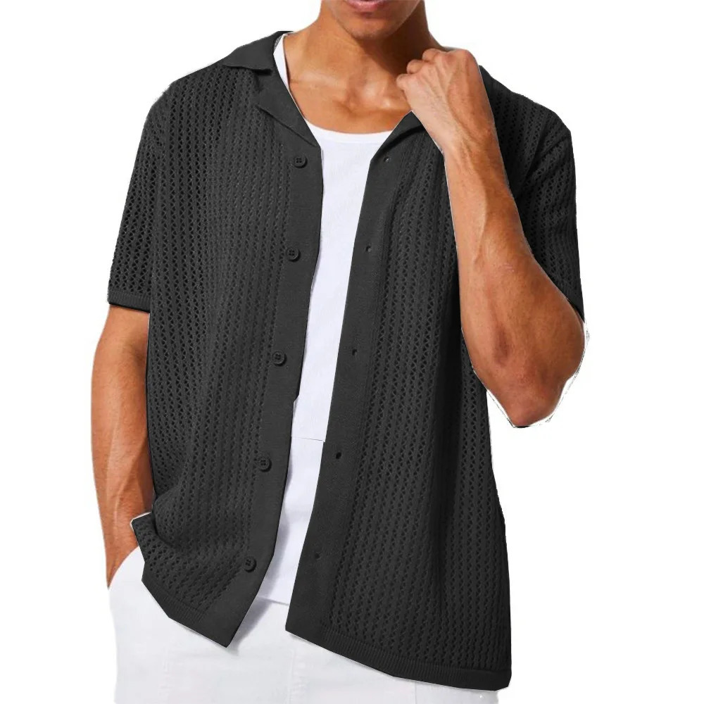 Mens Casual Knitted Shirt Summer Solid Color Lapel Hollow Breathable Men Shortsleeved Top 250520