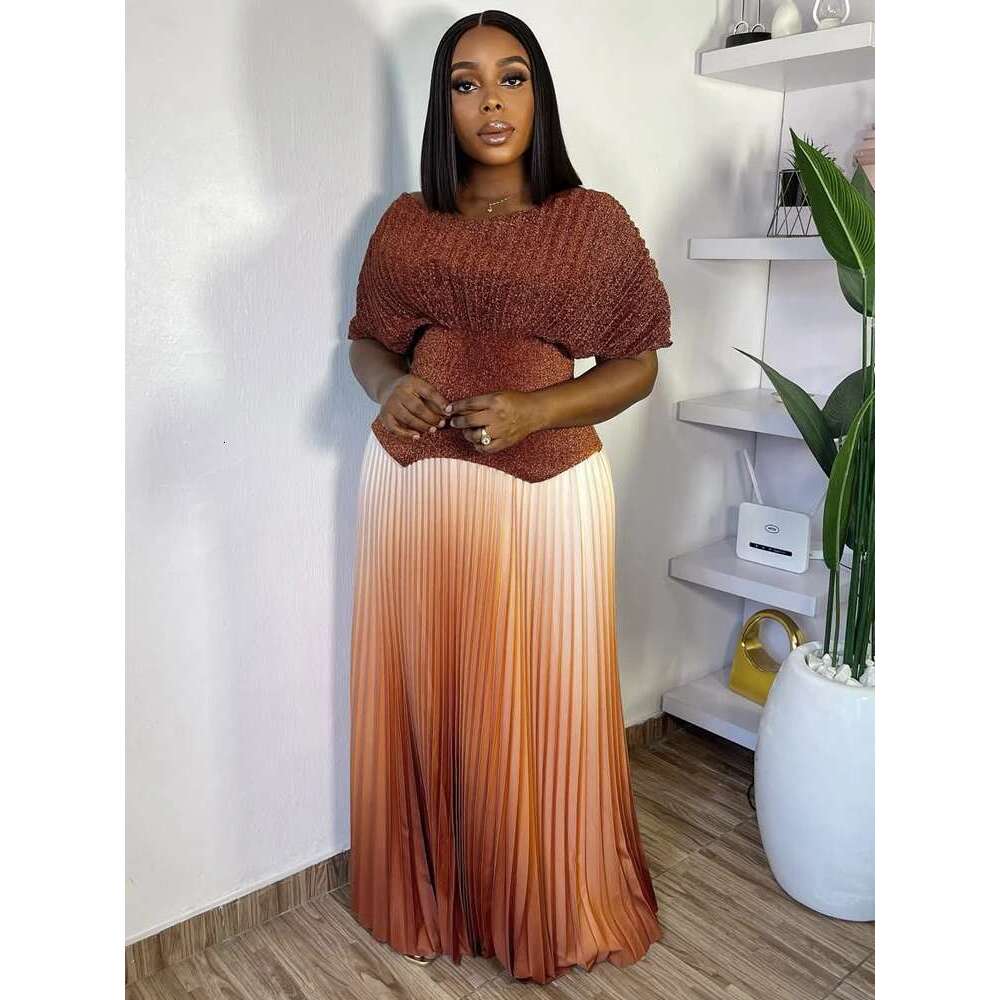 Women Plus Size Gradient Color Long Skirts And Tops Pleated 2 Piece Outfit Dubai Prom 2025 Casual For Female Fashion Sets