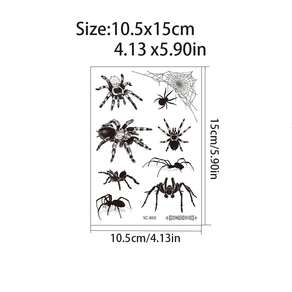 6Sheets 3D Black Spider Temporary Tattoo Stickers Dark Realistic Spider Fake Tattoo Waterproof Durable Tattoo Body Art Men Women 250515