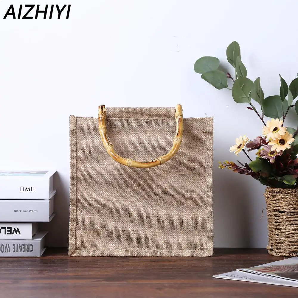 Women Burlap Jute Tote Bag Retro Beach Handbag Bamboo Handle Linen Beach Shoulder Top Handle Bag Fashion Reusable Shopping Bags 250516