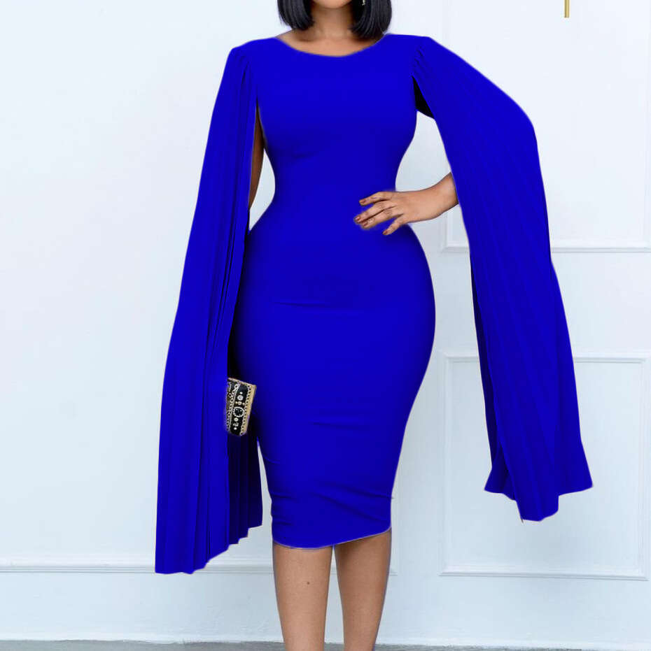 Women's Wear Large Size Women's Spring Pleated Round Neck Elegant Solid Color Buttocks Wrapped Tight Fitting Dress