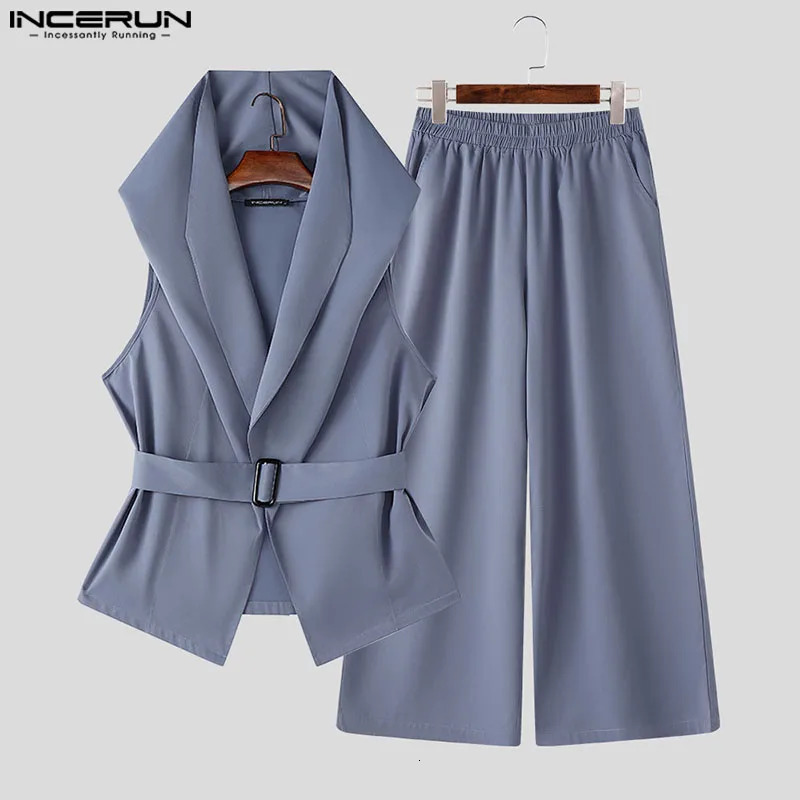 INCERUN American Style Sets Fashion Sexy Mens Hooded Silhouette Belt Vest Wide Leg Pants Casual Male Two-piece Sets S-5XL 250519