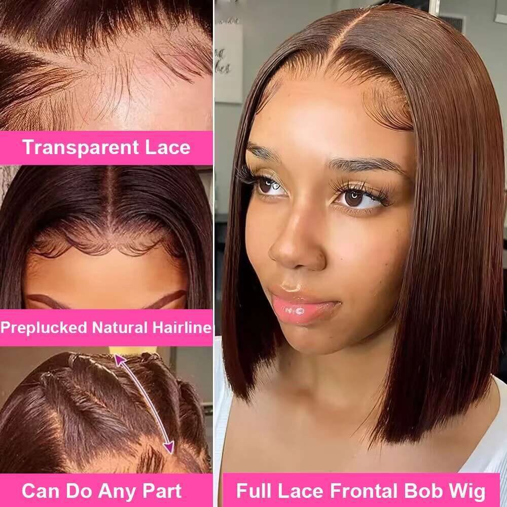 Vieamese Straight 100% Human Hair Chocolate Brown Color 13x4 Full Lace Frontal Double Drawn Bob Wig with For Black Women
