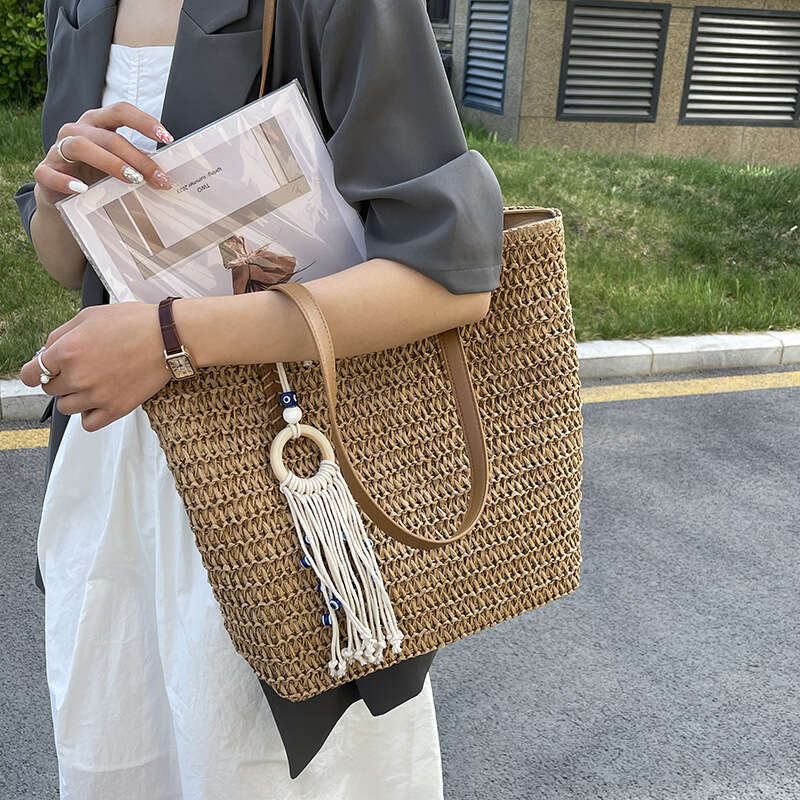 Temperament Grass Women s Large Capacity Summer New Versatile One Shoulder Tote Vacation Woven Beach Bag
