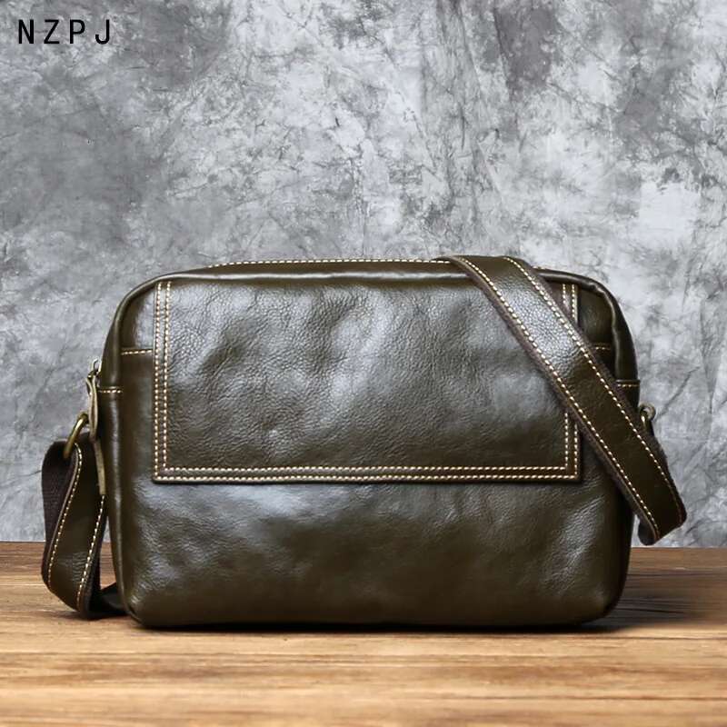 NZPJ Leather Shoulder Natural Cowhide Crossbody Fashion Men's Retro Postman Large Capacity Messenger Bag