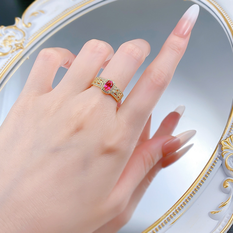 S925 Silver 4*6mm Oval Ruby Ring with Gold Plating and Diamond Embellishments - Elegant and Versatile Everyday Accessory