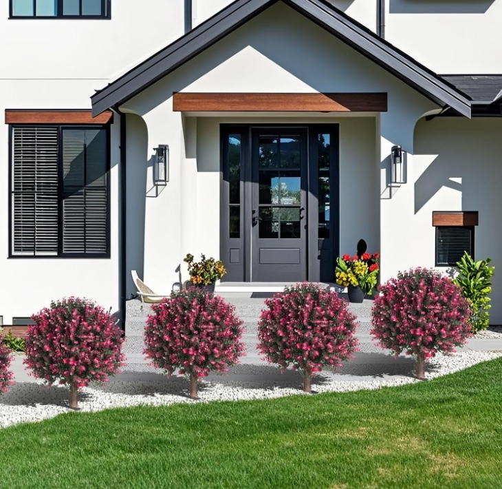 Artificial Rose Boxwood Topiary Ball Bush for Outdoor with Ground Spike 22" UV Resistant Faux Greenery Shrubs