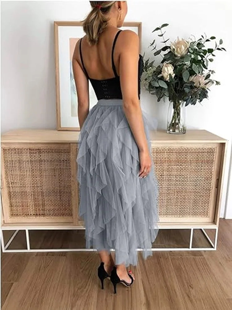 Tulle Skirts for Women Long Length Tutu Fairy Tiered Skirt A Line Mesh Elastic Waist Big Hem Black Gray Pink Beige 250520