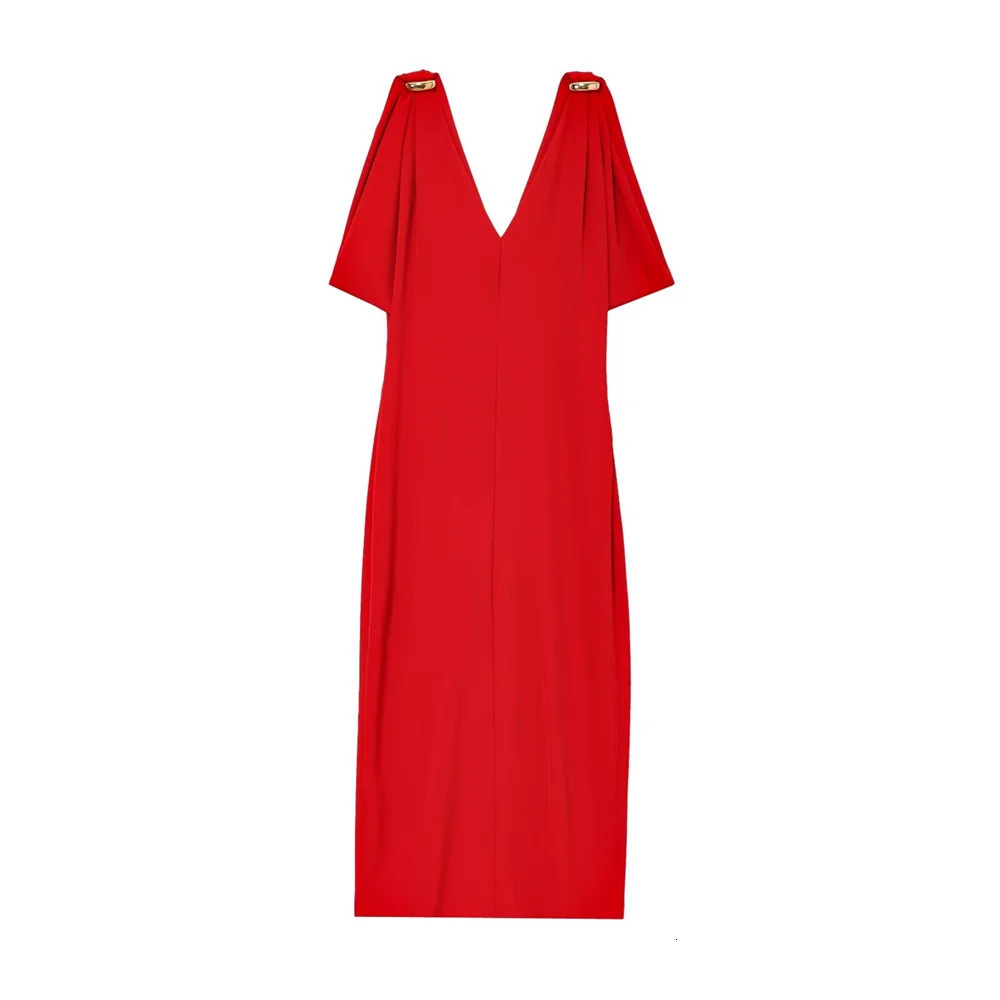 UNIZERA Womens Gold Adorned Midi Dress Solid Color Zipper Decoration SpringSummer Wear 250520
