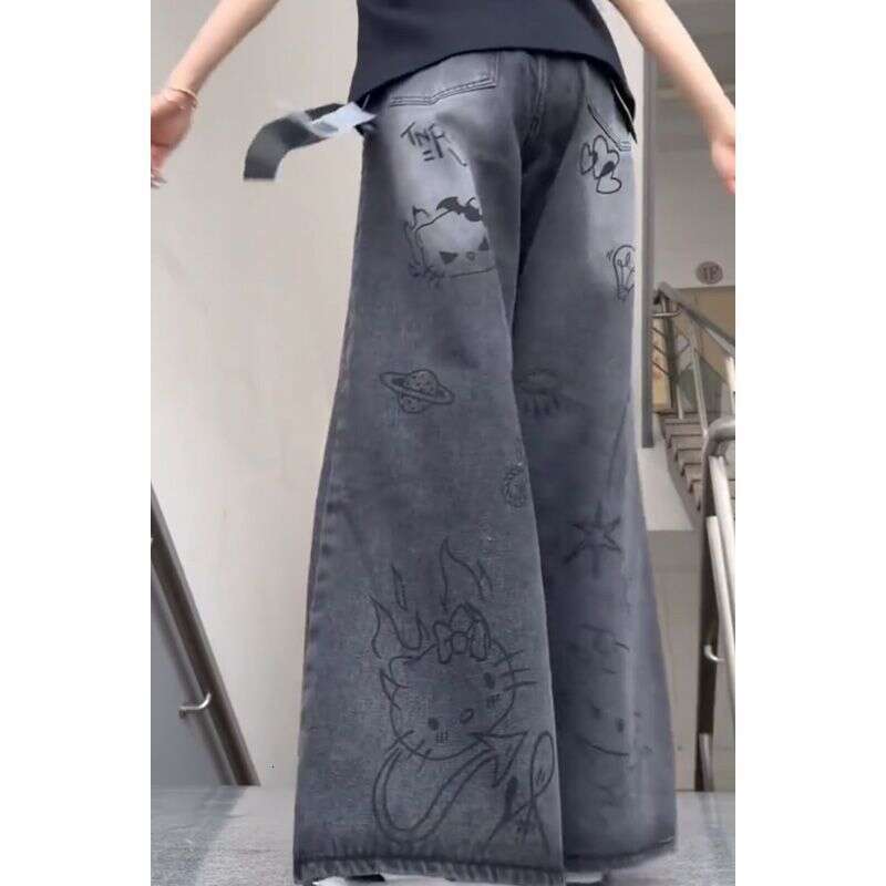 Small hand drawn cartoon graffiti wide jeans for women's spring and summer design sense, niche high waisted loose straight leg pants