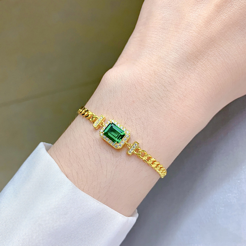 New S925 Sterling Silver Bracelet with 6x8mm Faux Emerald, Simple & Elegant Design for Women, Luxury Minimalist Jewelry