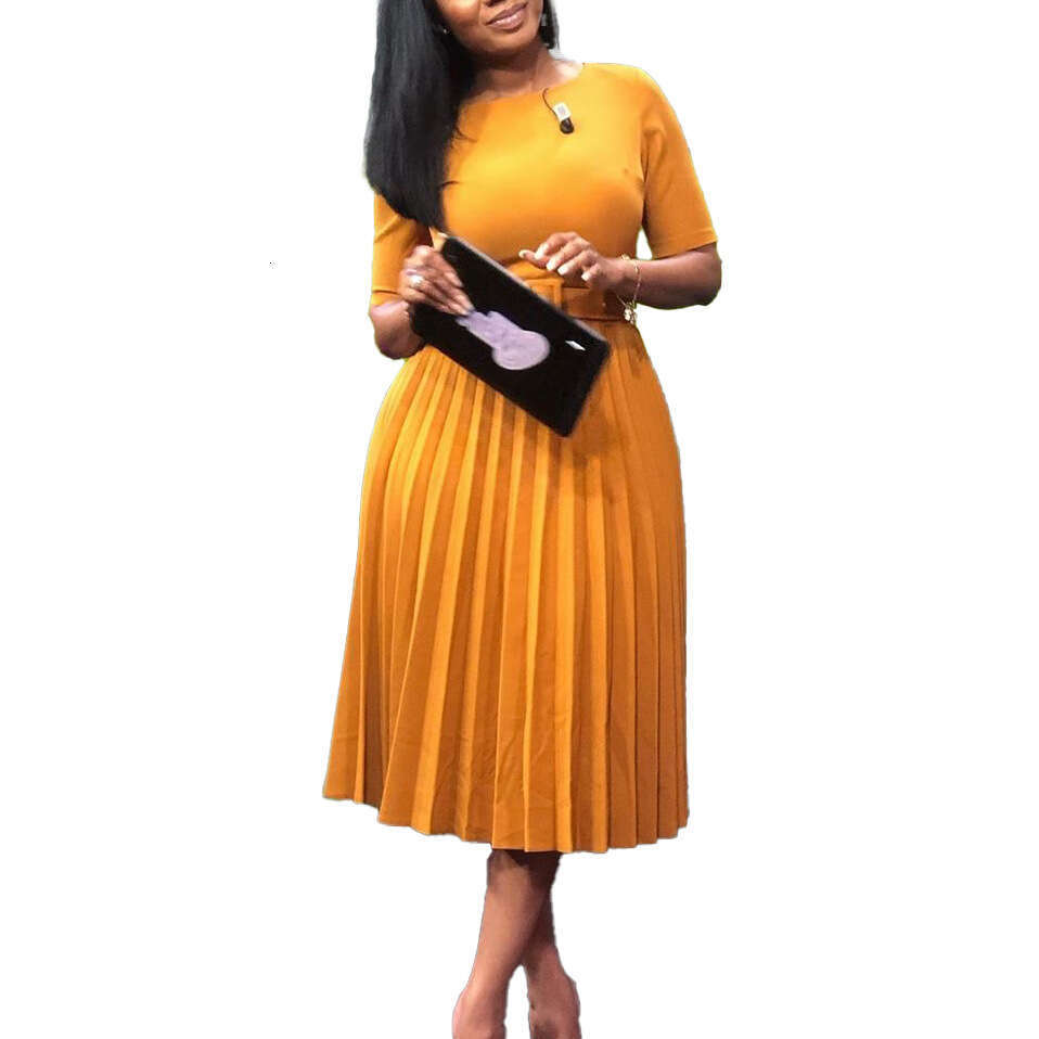 Women's Wear Women's New Summer Fashion Pleated Fashionable Temperament Oversized Solid Round Neck Short Sleeved Dress
