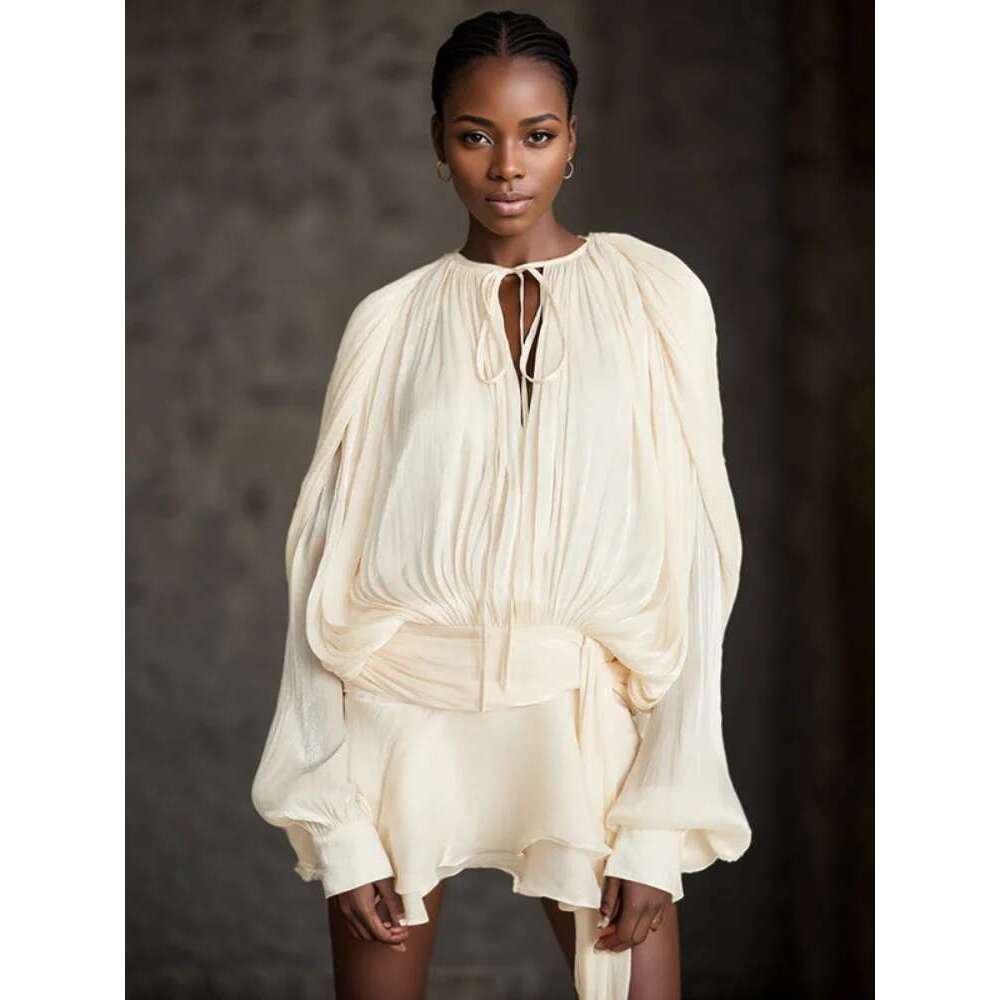 Elegant Solid Pleated Blouse Mini Dresses Women V Neck Lace Up Long Lantern Sleeve Dress 2025 Street Beach Vocation Short Robes Designer
