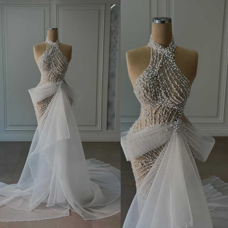 Illusion Pearls Mermaid Wedding Dress Halter Neck Sleeveless Bride Gown Backless Sexy Floor Length Bridal Dresses Customized