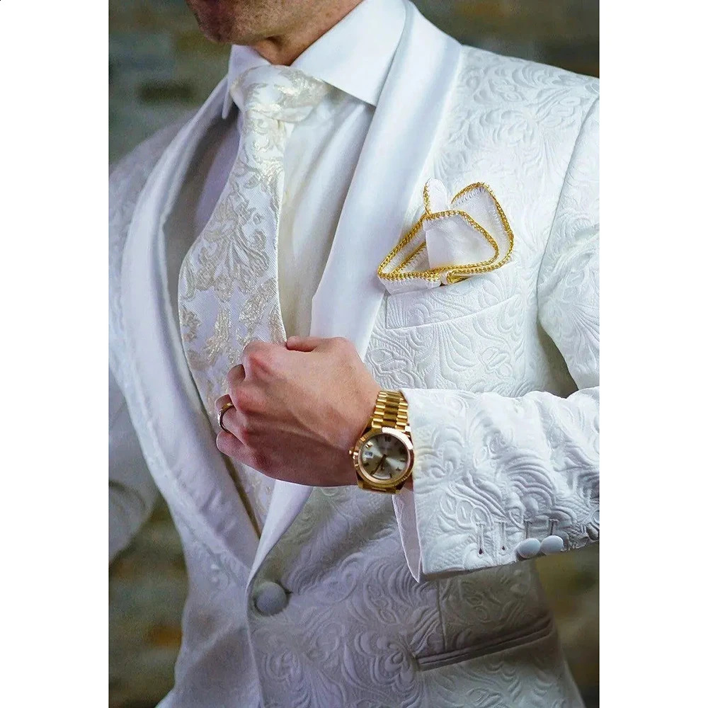 Handsome Men Suits White Jacquard One Button Shawl Lapel Slim Fit Blazer Elegant Business Prom Party 2 Piece Jacket Pants Sets 250519