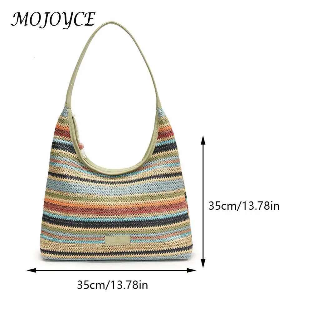 Women Straw Woven Tote Summer Beach Bags Large Capacity Weaving Shoulder Bag Ethnic Style Contrast Color For Outdoor Travel