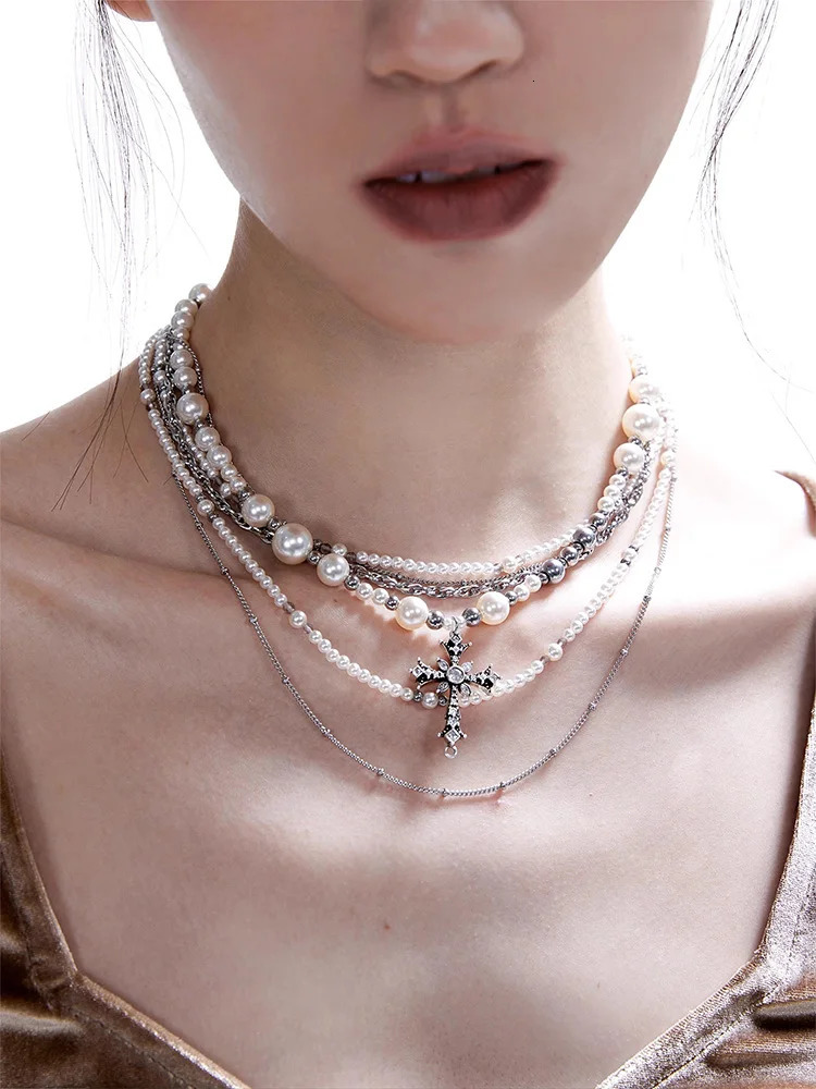 ZHUHE The Pearl Cross Layered Necklace In A Retro Style Is A Perfect Jewelry Accessory For Women And A Party Gift For Their Girl 250520