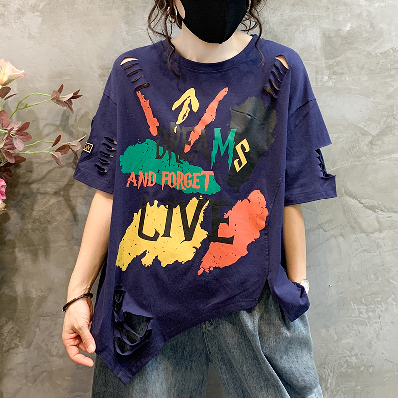 Designer Clothing Plus Size Women's Ripped Top Fashionable Loose Casual Letter Graffiti Short Sleeved T-shirt For Women 2025 New Style