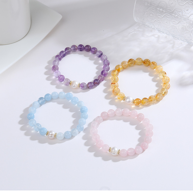 Yellow Hair Crystal Natural Uruguayan Solid Color Single Circle Bracelet Women's Grey Moonstone Beads Simple Handstring Gift
