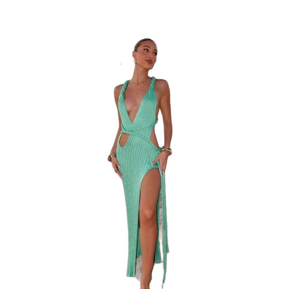 European and American design dress 2025 beach slim fit sexy backless cover shirt knitted suspender outer long skirt summer women's new style temp
