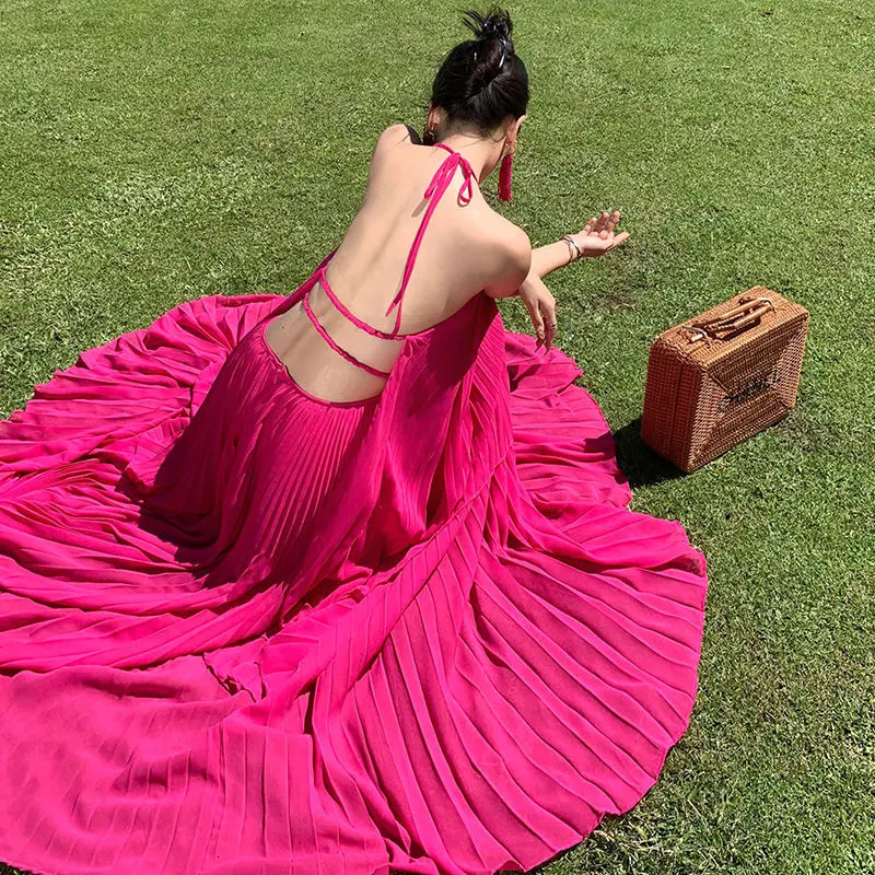 Womens Sexy Halter Laceup Backless Elegant Party Long Dresses Summer Solid Sleeveless Fairy Beach Vacation Pleated Maxi Dress 250520