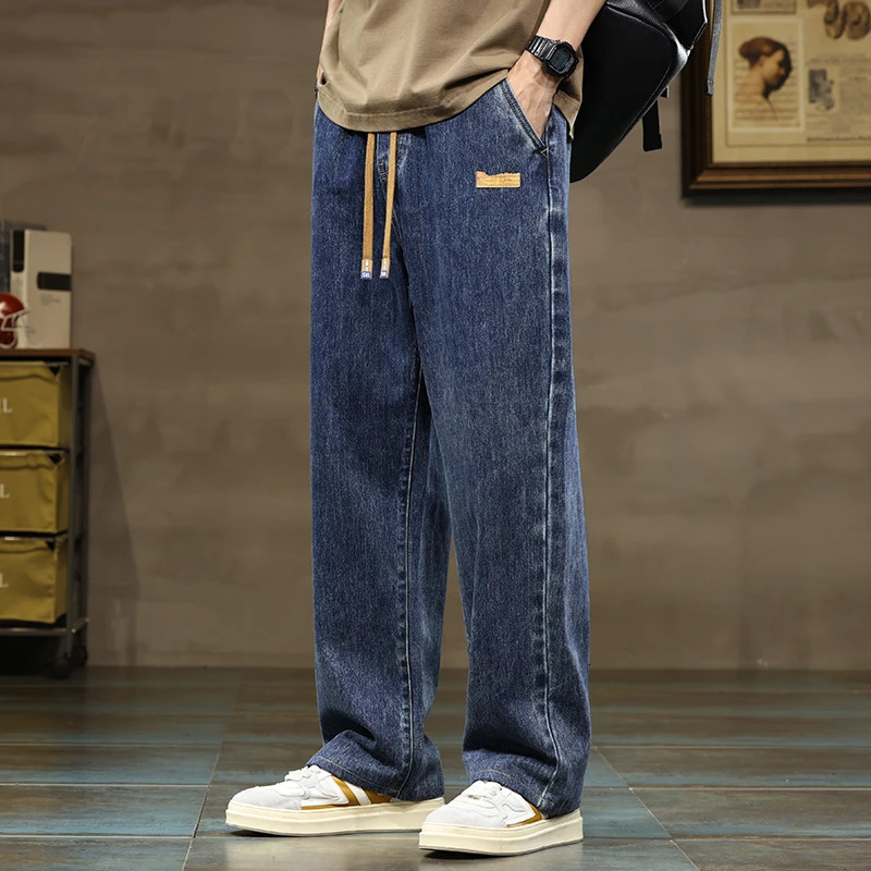 Men Straight Leg Blue Gray Loose Y2K Drawstring Jeans Streetwear Casual Wide Denim Pants Male Baggy Stylish Harajuku Trousers 250519
