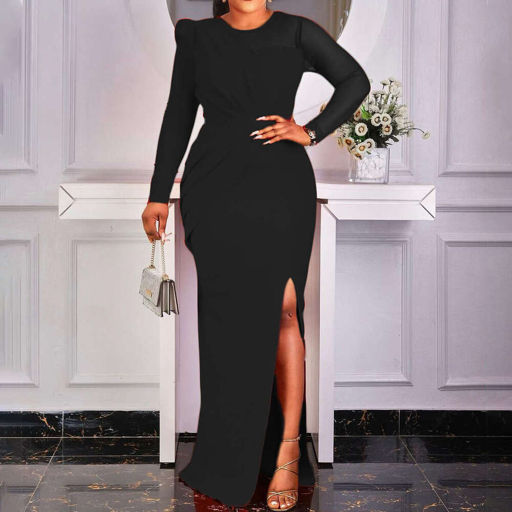 Women's Wear Mesh Splicing Solid Color Oversized Fashionable Slit Long Dress, Dress