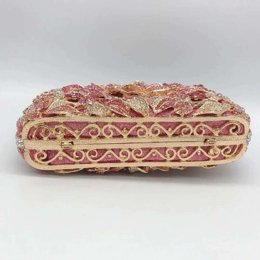 Rose Gold Rhinestone Flower Clutch Purse Crystal Designer Women's Dinner Party Handbags Unique Dia Wedding Evening Ba