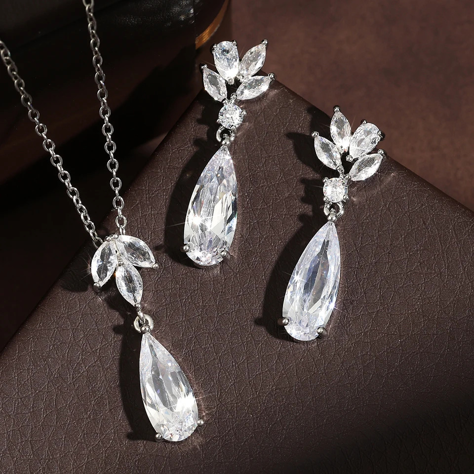 ZAKOL Shiny Teardrop Zircon Dangle Earring Necklaces for Women Elegant Shining Crystal CZ Wedding Jewelry Set With Gift Box 250520
