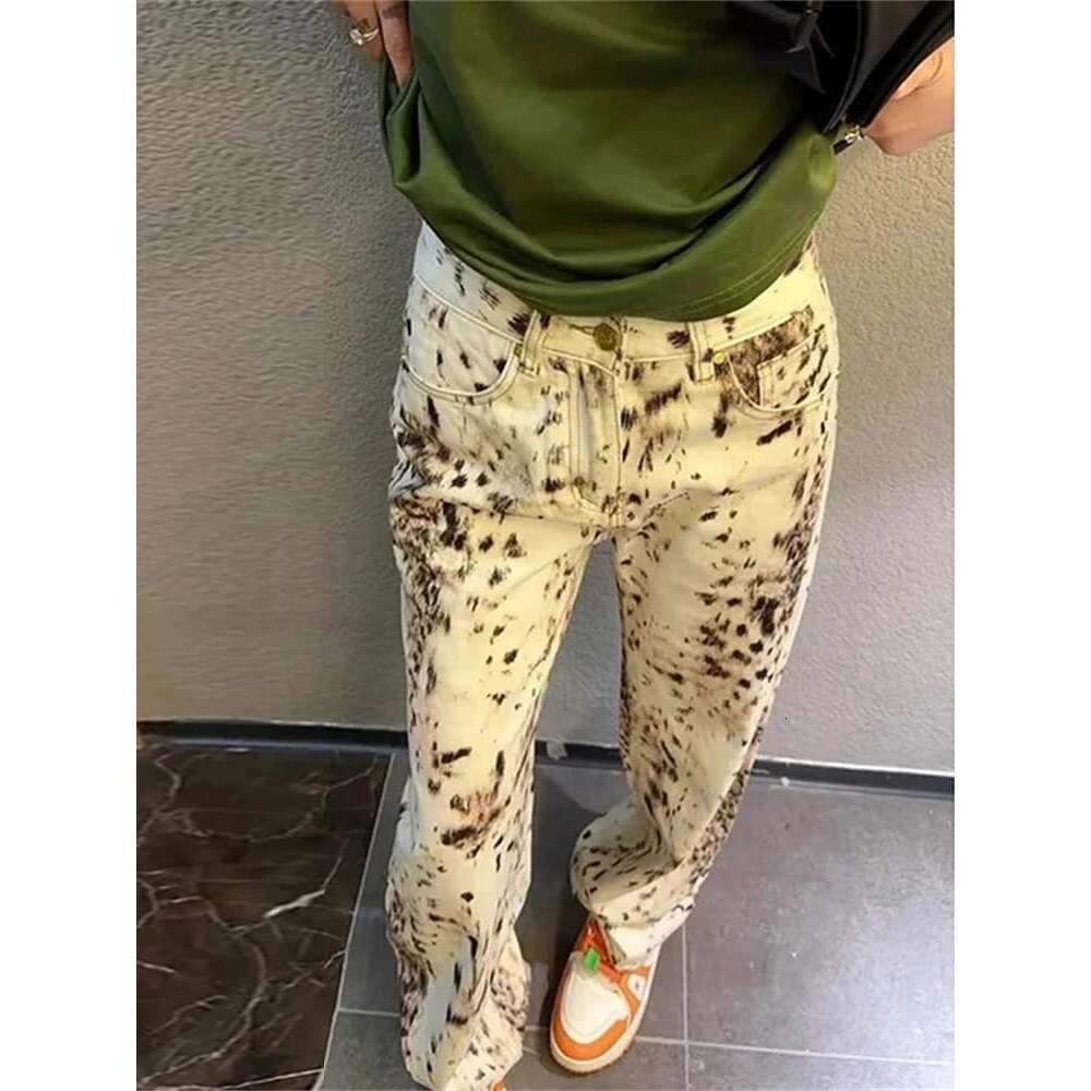 Leopard Print Straight Wide Leg Women Waisted Retro Jeans Streetwear Y2k Vintage Pants High Street Denim Trousers